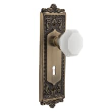 Egg & Dart Solid Brass Rose Passage Door Knob Set with White Milk Glass Waldorf Knob and Decorative Keyhole for 2-3/4" Backset