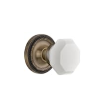 Rope Solid Brass Rose Privacy Door Knob Set with White Milk Glass Waldorf Knob and 2-3/8" Backset