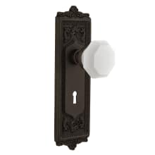 Egg & Dart Solid Brass Rose Privacy Door Knob Set with White Milk Glass Waldorf Knob and Decorative Keyhole for 2-3/8" Backset