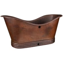 Hammered Copper Double Slipper 67" Free Standing Copper Soaking Tub with Center Drain and Overflow