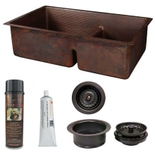 33" Undermount Double Basin Copper Kitchen Sink with Basket Strainer and 60/40 Basin Split
