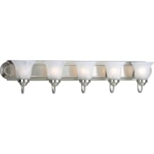 Builder Bath Series Five-Light Bath Bar with Etched Alabaster Glass Shades and Embossed Backplate