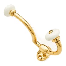 1.5"  Wide Traditional Solid Brass 2 Prong Hook Bath Towel Robe Coat and Hat Hook with Porcelain Ends