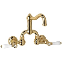 Acqui 1.2 GPM Wall Mounted Widespread Bridge Bathroom Faucet with Pop-Up Drain Assembly and Porcelain Lever Handles