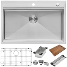 Tirana 33" Drop-In Single Basin Stainless Steel Kitchen Sink with Bottom Grid, Basket Strainer and Sound Dampening