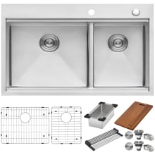 Siena 33" Drop-In Double Basin Stainless Steel Kitchen Sink Includes Colander, Cutting Board, Basket Strainer, and Sink Grid