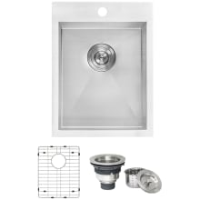 Tirana 15" Drop In Single Basin 16 Gauge Stainless Steel Bar Sink with Basin Rack and Basket Strainer
