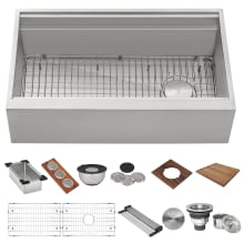Dual-Tier 45" Farmhouse Single Basin Stainless Steel Kitchen Sink with Basin Rack, Basket Strainer, Colander and Cutting Board