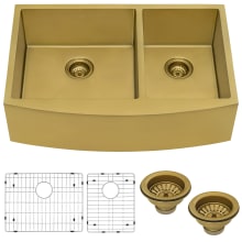 Terraza 33" Farmhouse Double Basin Stainless Steel Kitchen Sink with Basin Rack and Basket Strainer