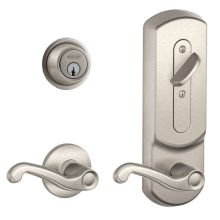 CS200-Series Commercial Grade 2 Interconnected Single Lock Left Handed Flair Entry Lever Set and 6-Pin Cylinder Deadbolt with Camelot Escutcheon