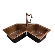 31" Drop In Double Basin Double Basin Hammered Copper Corner Kitchen Sink with Single Faucet Hole