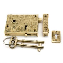 Ornate Solid Brass Rim Lock Set with Knobs and 3" Backset - Left Hand