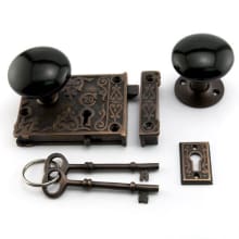 Ornate Solid Brass Rim Lock Set with Knobs and 3" Backset - Left Hand