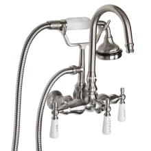 Wall Mounted Tub Filler Faucet with 4" Wall Couplers and Porcelain Lever Handles - Includes Hand Shower, Valve Included