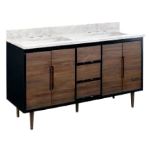 Bivins 60" Freestanding Teak Double Basin Vanity Set with Cabinet, Vanity Top, and Rectangular Undermount Sinks - 8" Faucet Holes