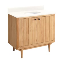 Osa 36" Free Standing Single Vanity Set with Teak Cabinet, Stone Vanity Top, and Oval Undermount Porcelain Sink - No Faucet Holes
