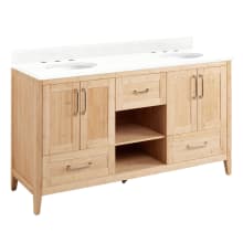 Burfield 60" Freestanding Double Basin Vanity Set with Bamboo Cabinet, Vanity Top, and Oval Undermount Sinks - 8" Faucet Holes