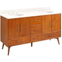 Novak 60" Freestanding Teak Double Basin Vanity Set with Cabinet, Vanity Top, and Oval Undermount Sinks - 8" Faucet Holes