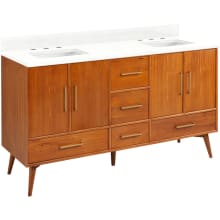 Novak 60" Freestanding Teak Double Basin Vanity Set with Cabinet, Vanity Top, and Rectangular Undermount Sinks - 8" Faucet Holes