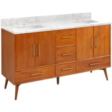 Novak 60" Freestanding Teak Double Basin Vanity Set with Cabinet, Vanity Top, and Rectangular Undermount Sinks - Single Faucet Holes