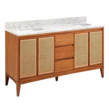 Simien 60" Freestanding Teak Double Basin Vanity Set with Cabinet, Vanity Top, and Oval Undermount Sinks - 8" Faucet Holes