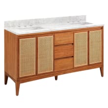 Simien 60" Freestanding Teak Double Basin Vanity Set with Cabinet, Vanity Top, and Rectangular Undermount Sinks - 8" Faucet Holes