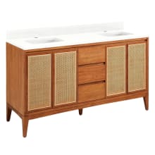Simien 60" Freestanding Teak Double Basin Vanity Set with Cabinet, Vanity Top, and Rectangular Undermount Sinks - Single Faucet Holes