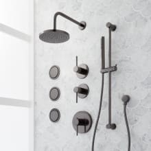 Lexia Thermostatic Shower System with Rain Shower Head, Slide Bar, Hand Shower, Hose, Valve Trim, 3 Bodysprays and Diverter - Rough In Included
