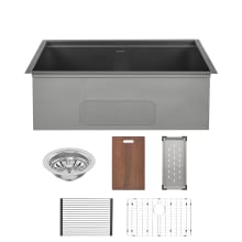 Tourner 30" Undermount Single Basin Stainless Steel Kitchen Sink with Basket Strainer, Colander, and Drain Board