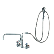 Big-Flo Wall Mounted Mixing Faucet with 8" Centers, Add-On Faucet, 12" Swing Nozzle, Flex Hose, 1.42 GPM Spray Valve and Cross Handles