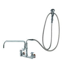 Big-Flo Wall Mounted Pre-Rinse Unit with 8" Centers, Add-On Faucet, 18" Big-Flo Swing Nozzle, Flex Hose, 1.42 GPM Spray Valve and Cross Handles