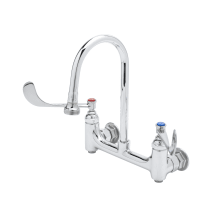Wall Mounted Medical Faucet with 8" Centers, Rigid Gooseneck, Rosespray and 6" Wrist Action Handles