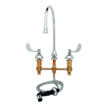 Deck Mounted Medical Faucet with Sidespray, 8" Centers, Swivel Gooseneck, Rosespray Aerator and 4" Wrist Action Handles