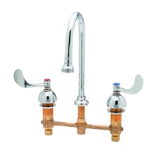 Deck Mounted Medical Faucet with 8" Centers, Rigid Gooseneck, Rosespray and 4" Wrist Action Handles