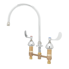 Deck Mounted Medical Faucet with 8" Centers, 135X Swivel Gooseneck, Stream Regulator Outlet and 4" Wrist Action Handles