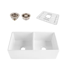 Fireclay 33" Farmhouse Double Basin Fireclay Kitchen Sink with Basin Rack and Basket Strainer