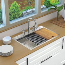 32" Drop In Single Basin Stainless Steel Kitchen Sink with Basin Rack, Basket Strainer, Colander and Cutting Board