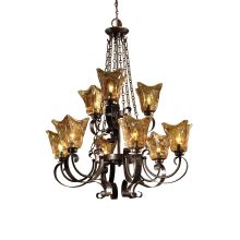 Vetraio 9 Light 2 Tier Antique European Scrolled Iron Chandelier with Hand Made Glass Shades
