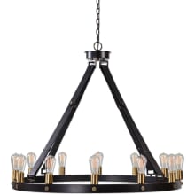 Marlow Rustic Vintage 40" Wide Iron Ring Chandelier with Vintage Exposed Bulbs and Leather Straps