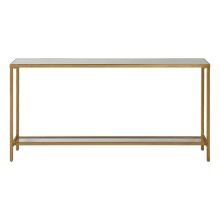 Hayley 60 Inch Wide Metal Console Table with Mirrored Top and Glass Gallery Shelf by Grace Feyock