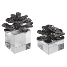 Indian Lotus 6 Inch Wide Set of 2 "Metallic Silver Flowers" Crystal and Metal Sculpture