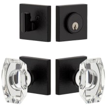 Modern Luxury Solid Brass Single Cylinder Keyed Entry Crystal Door Knob Set and Deadbolt with Square Leather Textured Backplate - 2-3/8" Backset