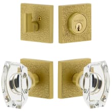 Modern Luxury Solid Brass Single Cylinder Keyed Entry Crystal Door Knob Set and Deadbolt with Square Leather Textured Backplate - 2-3/8" Backset