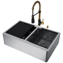 Oxford 20-1/2" Farmhouse Double Basin Stainless Steel Kitchen Sink with Single Hole 1.8 GPM Kitchen Faucet - Includes Basket Strainer