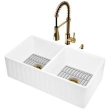 Matte Stone™ 18" Farmhouse Double Basin Kitchen Sink with Single Hole 1.8 GPM Kitchen Faucet - Includes Basket Strainer