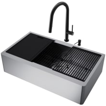 Oxford 36" Farmhouse Single Basin Stainless Steel Kitchen Sink with Single Hole 1.8 GPM Pull Down Kitchen Faucet - Includes Basket Strainer, Cutting Board, Soap Dispenser, and Basin Rack