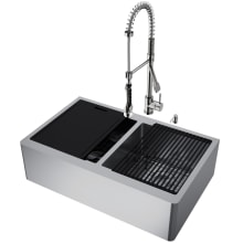 Oxford 33" Farmhouse Double Basin Stainless Steel Kitchen Sink with Single Hole 1.8 GPM Pull Down Kitchen Faucet - Includes Basket Strainer, Cutting Board, Soap Dispenser, and Basin Rack