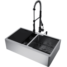 Oxford 36" Farmhouse Double Basin Stainless Steel Kitchen Sink with Single Hole 1.8 GPM Pull Down Kitchen Faucet - Includes Basket Strainer, Cutting Board, Soap Dispenser, and Basin Rack