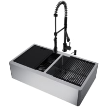 Oxford 36" Farmhouse Double Basin Stainless Steel Kitchen Sink with Single Hole 1.8 GPM Pull Down Kitchen Faucet - Includes Basket Strainer, Cutting Board, Soap Dispenser, and Basin Rack