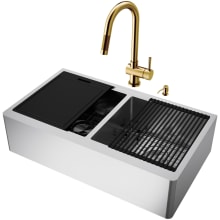 Oxford SoundAbsorb™ 36" Flat Apron Farmhouse Double Basin Stainless Steel Kitchen Sink with Single Hole 1.8 GPM Gramercy Kitchen Faucet